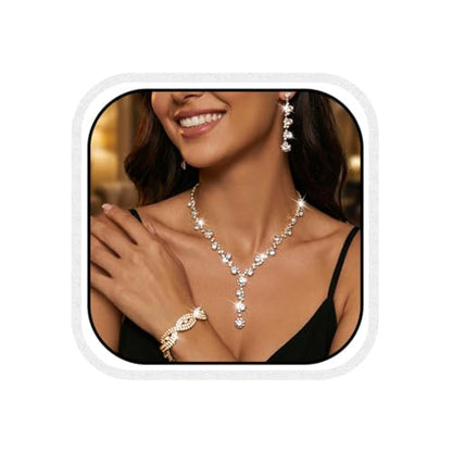 Silver Wedding Jewelry Sets Rhinestone Necklace Earrings Bracelet Set Prom Formal Costume Jewelry for Women and Brides - color: Gold