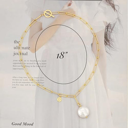 18k Gold Plated Chain Link Necklace for Women, Baroque Pearl/Compass Pendant Necklace - color: Coin Pearl