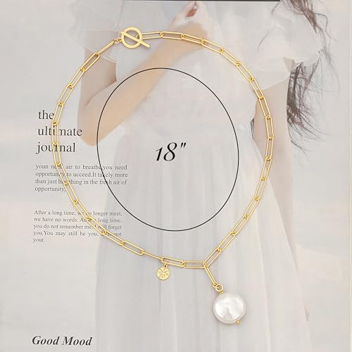 18k Gold Plated Chain Link Necklace for Women, Baroque Pearl/Compass Pendant Necklace - color: Coin Pearl