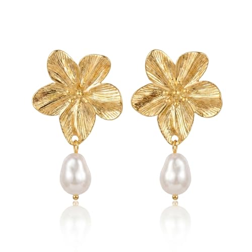 Chunky Gold Plated Flower Statement Drop Earrings for Women | Hypoallergenic 18K Gold Plated Textured Petal Wing, Large Statement Dangle Earrings for Wedding Party - color: Gold Flower Pearl-2