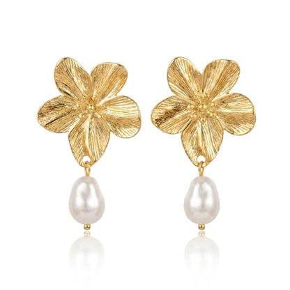Chunky Gold Plated Flower Statement Drop Earrings for Women | Hypoallergenic 18K Gold Plated Textured Petal Wing, Large Statement Dangle Earrings for Wedding Party - color: Gold Flower Pearl-2