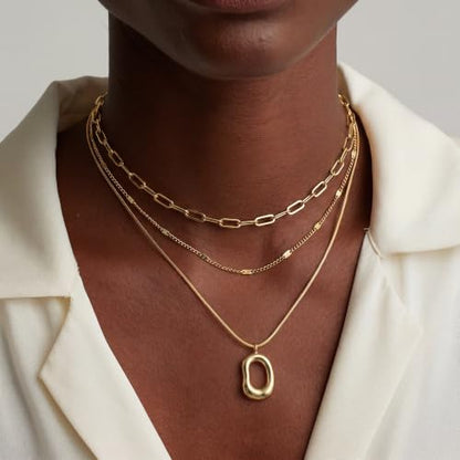 14K Gold/Silver Plated Dainty Snake Chain Layered Necklace for Women | Irregular Oval Pendant Minimalist Dainty Statement Gold Layering Everyday Jewelry - color: Gold - Rose