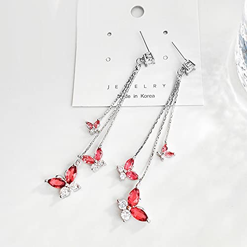 Temperament Crystal Butterfly Drop Dangle Earrings for Women Long Tassel Butterfly Stud Earrings - color: Red
