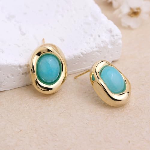 Jean Beau Chunky Gold Stone Stud Earrings for Women, Trendy Natural Gemstone Hypoallergenic Earing Valentine Jewelry Gift - color: Amazonite Blue