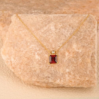 18K Gold-Plated Non Tarnish Birthstone Necklace for Women, 5A Princess Cut Cubic Zirconia Pendant, Birthday Anniversary Valentine's Gift, 18-20 Inches - color: 1-Jan-Deep Garnet