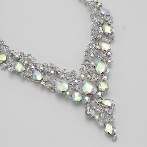 Bridal Bridesmaid Austrian Crystal Jewelry Set, Floarl rhinestone Statement Neckace Teardrop Necklace Drop Dangle Earrings Set - color: White AB Color-Silver Tone