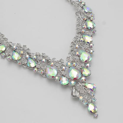 Bridal Bridesmaid Austrian Crystal Jewelry Set, Floarl rhinestone Statement Neckace Teardrop Necklace Drop Dangle Earrings Set - color: White AB Color-Silver Tone