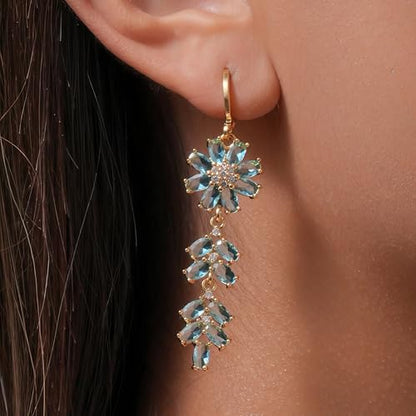 18K Gold Plated Flower Dangle Earrings for Women, Hypoallergenic Cubic Zirconia Earrings, Elegant CZ Drop Earrings, Statement Jewelry Gifts Party Fashion - style: 5297-Flower-Blue