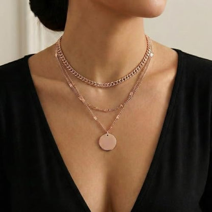 WomenGifts Layered Gold Necklaces for Women, 14K Gold Sterling Silver Plated Dainty Pendant Necklace Set Non Tarnish, Chunky Stackable Cuban Chain Choker, Trendy Birthstone Vacation Jewelry Gift - color: Rose Gold, style: Mirror Coin