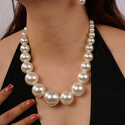 Aimimier 1920s Vintage Big Faux Pearl Strand Necklace with Earrings Set Large Chunky Pearl Choker Statement Chain for Women