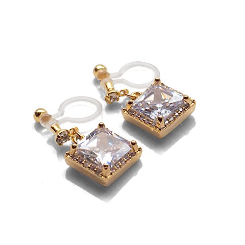 Drop Cubic Zirconia Invisible Clip On Earrings for Women Not Pierced Gold Teardrop Sqaure CZ Crystal Dangle Gold Silver Comfortable Clip On Earrings Bridal Wedding Prom - color: Square 1 Gold