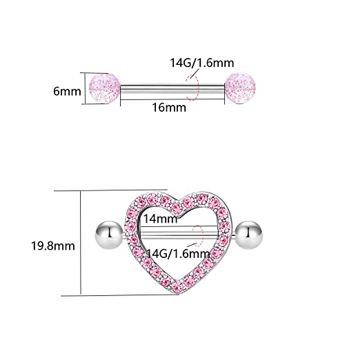 VERAMI 14G Stainless Steel Heart Nipple Rings and Barbell - Butterfly, Starlight Acrylic Ball, Tongue Rings for Women and Men - color: PINK-CZ