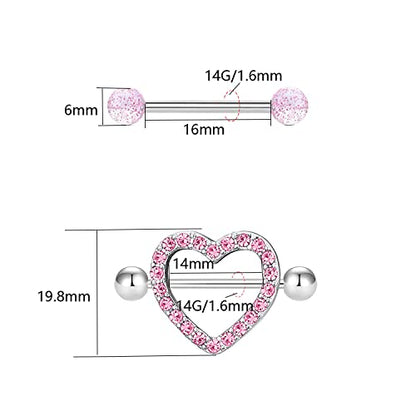 VERAMI 14G Stainless Steel Heart Nipple Rings and Barbell - Butterfly, Starlight Acrylic Ball, Tongue Rings for Women and Men - color: PINK-CZ