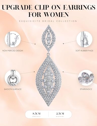 THUNARAZ Clip on Earrings for Women Non Pierced Glitter Rhinestone Crystal | Clip-On Earrings, Wedding Bridal Earrings, Non Pierced Ears, Dangle Earrings, Fake Earrings, Fashion Jewelry - color: Silver
