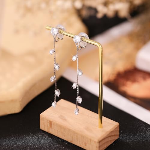 Gold/Silver Clip on Earrings Non Pierced for Women - 14K Gold Plated Long Tasse Drop Dangle Clip Earrings - Cubic Zirconia Leaf Earrings for Women Gold Wedding Jewelry Gifts - color: Silver-cz