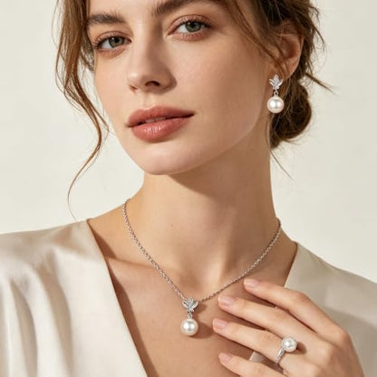 NEWITIN 15 Pieces Pearl Jewelry Set for Women Wedding Costume Accessories | Hypoallergenic, Cubic Zirconia, CZ Necklaces Earrings Bracelets Rings, Silver Jewelry for Wedding Bride Bridesmaid Party Prom - color: Silver Pearl B