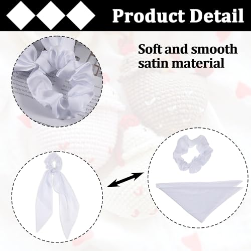 Mabor 2 Pcs Knotted Bow Satin Hair Scrunchie Hair Tie with Bow Hair Scarf with Tail Hair Scrunchies Elastic Hair Scarf Ponytail Holder for Women and Girls,White
