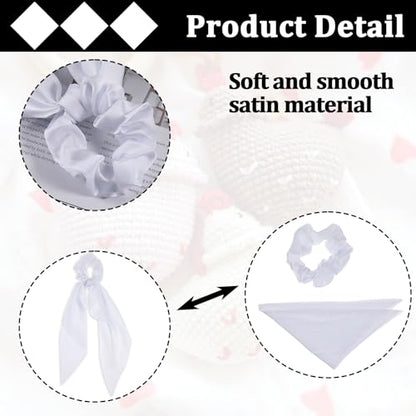 Mabor 2 Pcs Knotted Bow Satin Hair Scrunchie Hair Tie with Bow Hair Scarf with Tail Hair Scrunchies Elastic Hair Scarf Ponytail Holder for Women and Girls,White