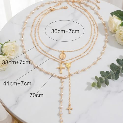 QCWN Gold Layered stacked Necklaces for women 3PS Chunky Statement Necklaces Stack Mixed Metal Charm Necklace for Women Trendy Coin Jewelry Gift for Her Gifts - style: Layered stack 11