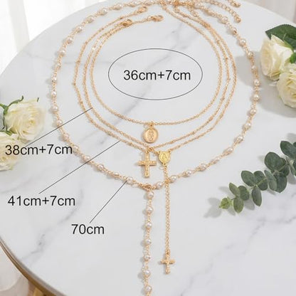 QCWN Gold Layered stacked Necklaces for women 3PS Chunky Statement Necklaces Stack Mixed Metal Charm Necklace for Women Trendy Coin Jewelry Gift for Her Gifts - style: Layered stack 11