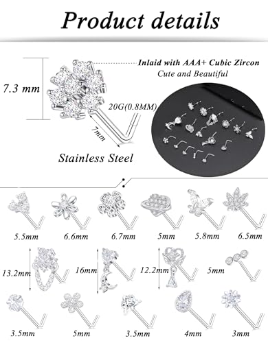 Tornito 16Pcs Nose Rings L Shaped Nose Stud Stainless Steel Butterfly Flower Leaf Heart Moon Dangle Nose Stud Ring Body Piercing Jewelry for Women Men 20G Pink Blue Clear CZ - color: B: Clear