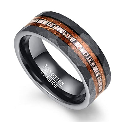NUNCAD 8mm Tungsten Ring for Men, Black Inlaid Whisky Barrel Wood Antler Hammered Tungsten Wedding Bands Customize Engraved Ring Fit Men Women Size 7-12 - color: A-Black
