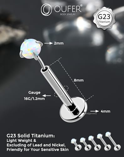 OUFER 2PCS 16G/20G Nose Lip Studs, G23 Solid Titanium Threadless Push in Nose Nostril Lip Labret Medusa Monroe Helix Cartilage Tragus Conch Lobe Piercing Jewelry for Women Men - color: Silver bar, Claw Opal, size: 2pcs, 16g 8mm, 2mm Opal