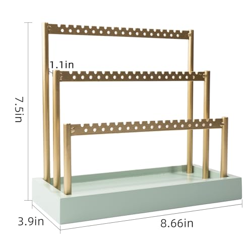 SANY DAYO HOME 3-Tier Earring Holder Organizer Stand, 105 Holes Gold Metal Earring Rack Jewelry Display Tree with Sage Green Wood Tray for Women and Girls - color: Gold Rack Green Base