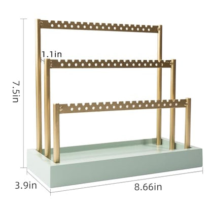 SANY DAYO HOME 3-Tier Earring Holder Organizer Stand, 105 Holes Gold Metal Earring Rack Jewelry Display Tree with Sage Green Wood Tray for Women and Girls - color: Gold Rack Green Base
