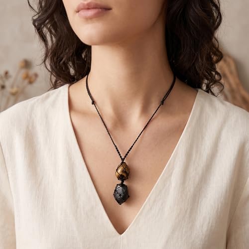 Handmade Black Tourmaline & Tiger Eye Crystal Necklace, Natural Gemstone Macrame Pendant for Men and Women, Protection & Stability Jewelry