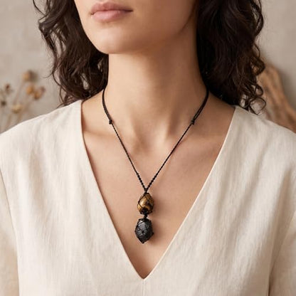 Handmade Black Tourmaline & Tiger Eye Crystal Necklace, Natural Gemstone Macrame Pendant for Men and Women, Protection & Stability Jewelry