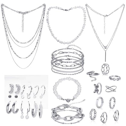 Gold/Silver Jewelry Set for Women Layered Bracelets Ball Dangle Hoop Earrings Stackable Knuckle Rings Set Dainty Adjustable Necklaces Valentine Anniversary Trendy Party Costume Accessories Jewelry - style: Classic