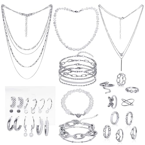 Gold/Silver Jewelry Set for Women Layered Bracelets Ball Dangle Hoop Earrings Stackable Knuckle Rings Set Dainty Adjustable Necklaces Valentine Anniversary Trendy Party Costume Accessories Jewelry - style: Classic