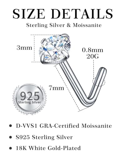 6-Piece L-Shaped Moissanite Nose Stud Set, 925 Sterling Silver Nose Rings | Hypoallergenic Nose Studs Suitable for Nostril, Nasal Septum, and Nasal Cartilage Piercings; Colorfast (Unisex) - color: Silve