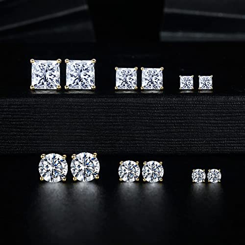 18K Gold Plated Round Princess Cut Clear Cubic Zirconia Stud Earring of 6 Pairs - color: B-gold plated