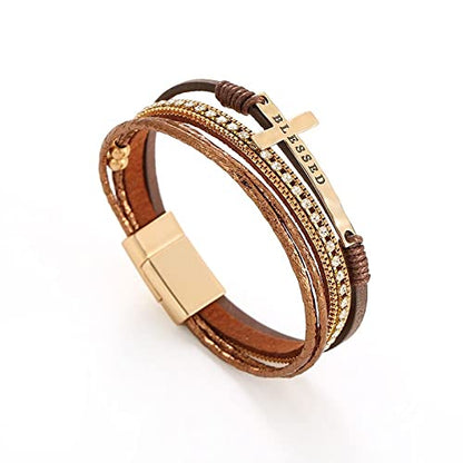 Bohemian Faux Leather Wrap Multi Layer Statement Bracelet Cross Christian Religious Leatherette Cuff Crystal Rhinestone Metallic Bead Inspirational Bracelets - color: I