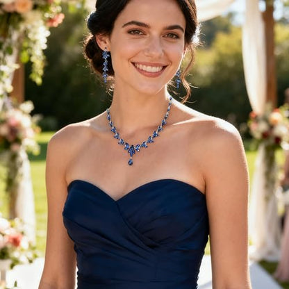 EVER FAITH Marquise Crystal Leaf Bridal Prom Jewelry Set for Women Bride | Rhinestone Wedding Party Necklace Dangle Earrings Tennis Bracelet, for Bridesmaid - color: Sapphire Blue