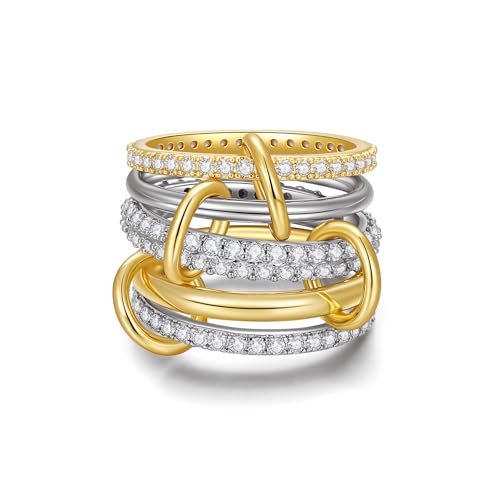 Gold Silver Stackable Rings for Women Mixed Metal Interlocked Ring Stack | Multi Ring set non tarnish 14K Gold Plated Cubic Zirconia Fashion trendy Two Tone Connected Bands Statement rings Size 4-11 - color: 03- Two tone 5 rings