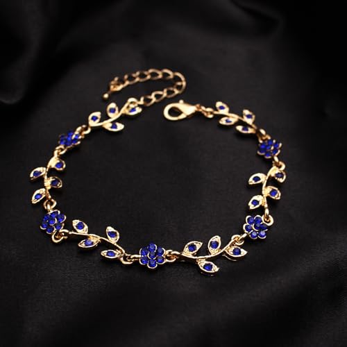 Austrian Crystal Rhinestone Choker Necklace Dangle Earring Link Bracelet Jewelry Set for Brides Bridesmaid Prom Costume Accessories for Women - color: Deep Blue-Gold Plated