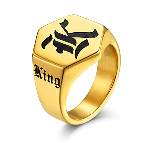 KeyStyle Custom Signet Rings for Men, Stainless Steel Personalized Engraved Pinky Ring for Women, Cool Ring Biker Rings Gifts for Father Husband Mother Grandfather(Size 7-14) - color: Gold, size: 10, style: Hexagon
