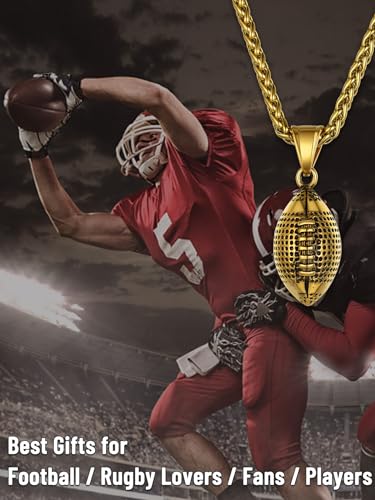 GOLDCHIC JEWELRY Sport Necklaces for Men Teen, Football Baseball Soccer Basketball Softball Necklaces with Stainless Steel Chain Athlete Jewelry Sports Fan Gift - color: American Football Pendant-Gold, style: Personalised Engraving