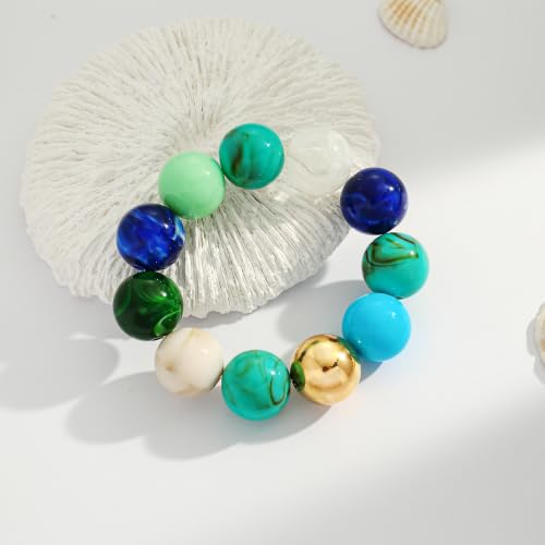 WOWORAMA Chunky Beaded Bracelets for Women Colorful Large Square Beads Bracelet Boho Acrylic Resin Stretch Bracelets Statement Chunky Bracelet Summer Jewelry - color: Large-blue
