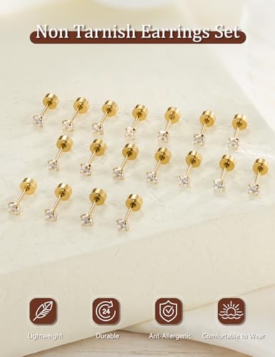 SIISPRI 10 Pairs Tiny Cartilage Stud Earrings for Women Men 14K Gold Plated Surgical Stainless Steel Flat Back Earrings Hypoallergenic Cubic Zirconia Studs Earrings 2mm 3mm Tragus Helix Daith Piercing - color: 3mm-Gold-10pair