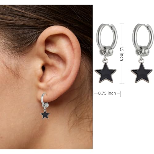 Y2K Black Star Dangle Hoop Earrings for Women Men | Silver Punk Ring Huggie, Edgy Gothic Star Charm, Streetwear Fashion