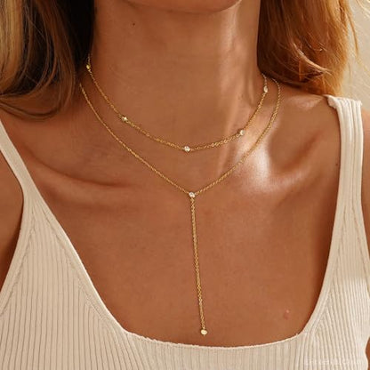 Layered Necklaces for Women,Dainty 14K Gold Plated Long Lariat Necklace Stack Simple Chain Pendant Necklace Fashion Accessories Long Necklaces for Women Trendy Gold Jewelry - color: Double CZ