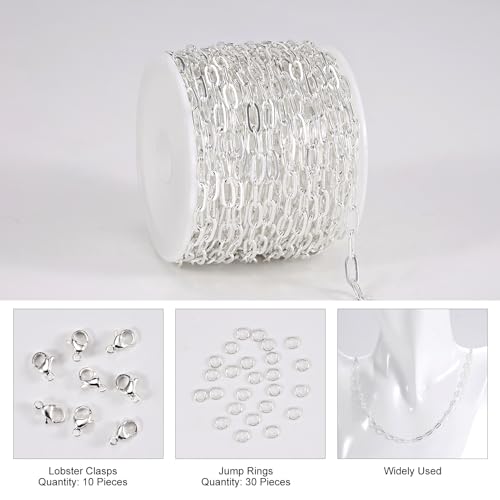 Kyutong Stainless Steel Jewelry Making Chains Bulk Silver Paperclip Chain | 16.4FT/5M Necklace Making Supplies 3MM Paperclip Chains for Jewelry Making with Lobster Claw Clasps Jump Rings - color: silver paperclip