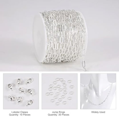 Kyutong Stainless Steel Jewelry Making Chains Bulk Silver Paperclip Chain | 16.4FT/5M Necklace Making Supplies 3MM Paperclip Chains for Jewelry Making with Lobster Claw Clasps Jump Rings - color: silver paperclip
