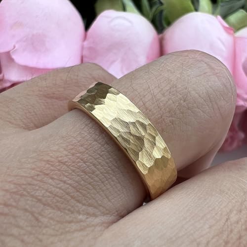 TUTISS 6mm 8mm Silver/Black/Gunmetal/Gold/Rose Gold Hammered Tungsten Rings for Men Women Couple Fashion Jewelry Engagement Wedding Bands Matte Finish Comfort Fit - color: 6mm Gold Tungsten
