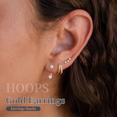Gold Earrings for Women, Dainty CZ Huggie Hoop & Stud Earrings Set Jewelry | Gold Stack Lightweight Hypoallergenic Comfort, Perfect for Everyday Wear, Weddings, and Special Occasions.Jewelry Gift