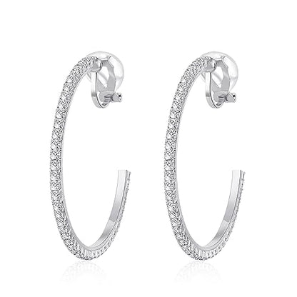 YOQUCOL 4.3CM(1.7in) Clip On Hoop Earrings Cubic Zirconia Non Pierced Ears Hoops for Women - color: Silver